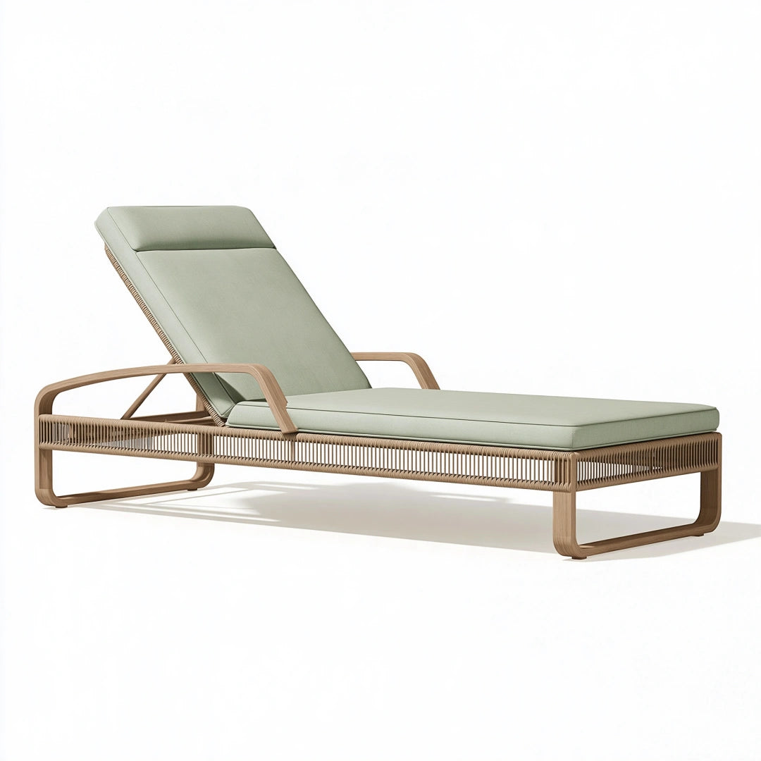 Gartenliege 200 x 70 x 85 cm aus Holz in Salbeigrün mit Geflecht und verstellbarer Rückenlehne