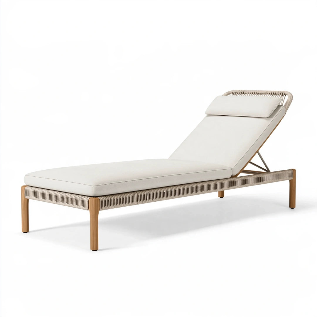 Sonnenliege 200 x 70 x 85 cm mit Holzgestell Seilgeflecht und cremefarbener Auflage verstellbar