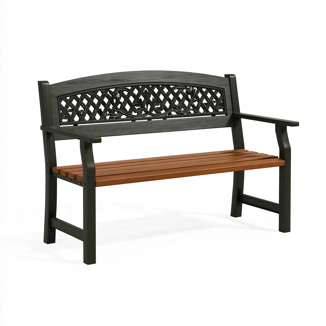 Gartenbank 122 cm aus Metall und Holz Braun Schwarz mit Armlehnen und Zier-Rückenlehne